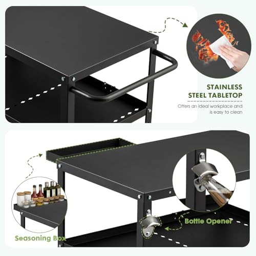 Outdoor Grill Cart Table, Pizza Oven Stand with Casters, Black - Image 2