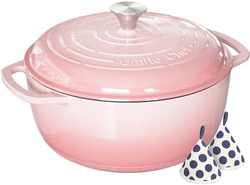 Umite Chef 6QT Enameled Cast Iron Dutch Oven with Lid, Versatile Heavy-Duty Cookware Pot for Baking Bread, Braising, Soups & Stews, Oven & Stovetop Safe with Heat Resistant Gloves(Pink) by UmiteChef