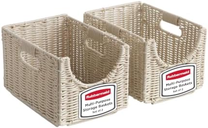 Rubbermaid Woven Storage Baskets - Set of 2 Stackable and Collapsible Bins with Handles, Small Resin Rattan Organizers for Shelves, Closet, Bathroom, Bedroom, 11.5” x 8”, Ivory by Rubbermaid