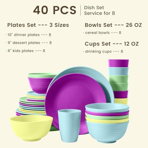 Homienly 40-Piece Kichen Dinnerware Set, Wheat Straw Dinnerware Set, Plates, Bowls, Drinking Cups, Service for 8, Dishwasher & Microwave Safe Dish Set, Unbreakable Plates and Bowls Set - Memphis - Image 2