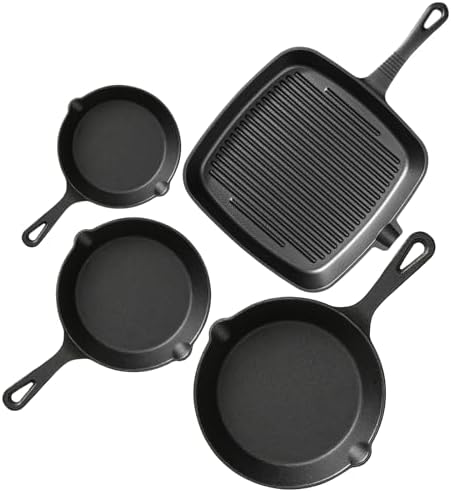 Pre-Seasoned Cast Iron skillets,4 Piece Durable Pots and Pans Set with Handle Covers for Grill, BBQ, Camping Fire, Stovetop, Kitchen and Camping Cookware by YIYOBEATFO
