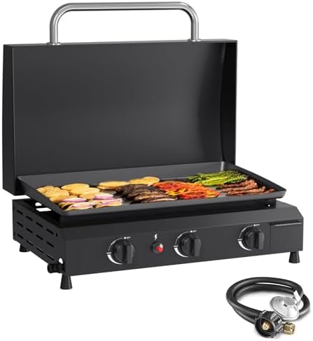 SKOK 23.3 Inch Flat Top Grill, Gas Griddle with Hood, Portable Tabletop Propane Gas Griddle Grill for Camping, Outdoor & Tailgating Barbecue, 45,000 BTU Output, 3 Burners by SKOK