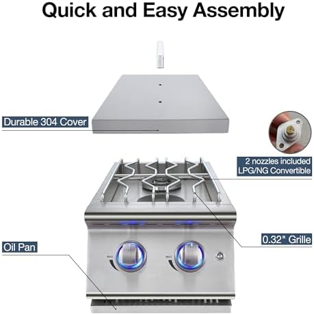 Double Grilling Side Burners for Outdoor Grill, Sturdy 304 Stainless Steel, with Liquid Propane Kit, Drop-in Side Burner for Outdoor Kitchen BBQ Island, 2 * 15,000BTU Natural Gas Side Burner - Image 7