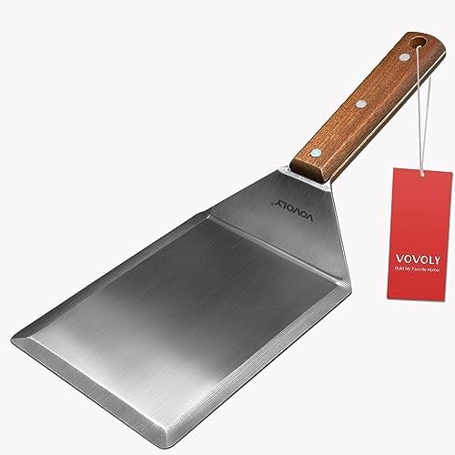 Extra Wide Spatula, Large Metal Spatula with Full Tang Wooden Handle & Beveled Edges for Skillets, Griddles & Grills, Pancake Flipper Turner, Smash Burgers Turner, 6 x 5-inches by VOVOLY