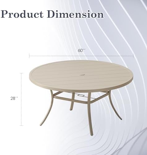 Outdoor Dining Table for 8, 60" Round Outdoor Table with Adjustable Umbrella Hole, All-Weather Metal Patio Dining Table for Lawn Garden Backyard Deck, Sandshell - Image 2
