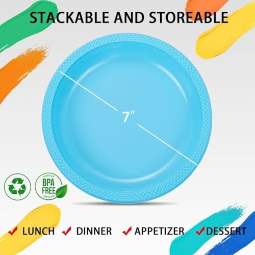 WELLIFE 7 Inch Light Blue Plastic Plates 50 Count - Image 2