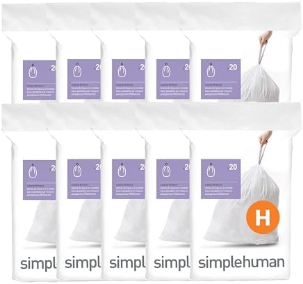 simplehuman Code H 200 Count Custom Fit Liners, Drawstring Kitchen Trash Bags, One-by-One Mess-Free Dispense, Extra Thick & Double Seamed, 50% PCR Plastic, 30-35 Liter / 8-9 Gallon, White by Unknown