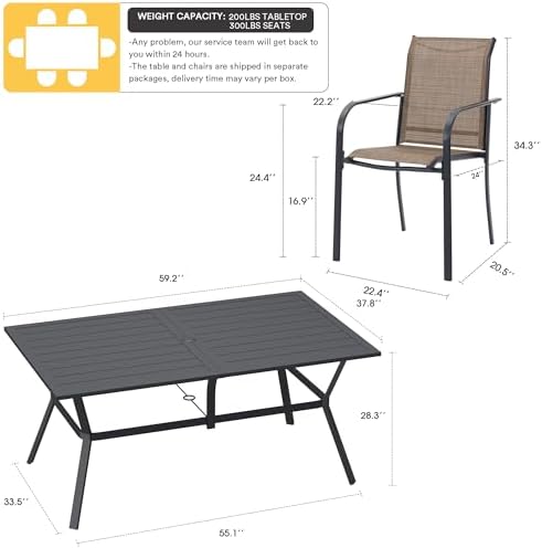 VICLLAX Patio Dining Set for 6, Outdoor Furniture Set Includes 59" Rectangle Patio Table and 6 Patio Sling Chairs, Outdoor Table and Chairs for Outsides, Black Tabletop and Brown Fabric - Image 2