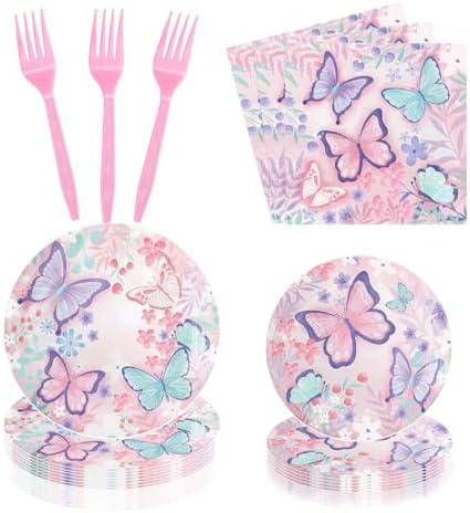Pink Purple Butterfly Birthday Disposable Plate AndPaper Napkin Combination by Exquisitehighqualitypartydecorationstomeetyoureveryneed%EF%BC%81