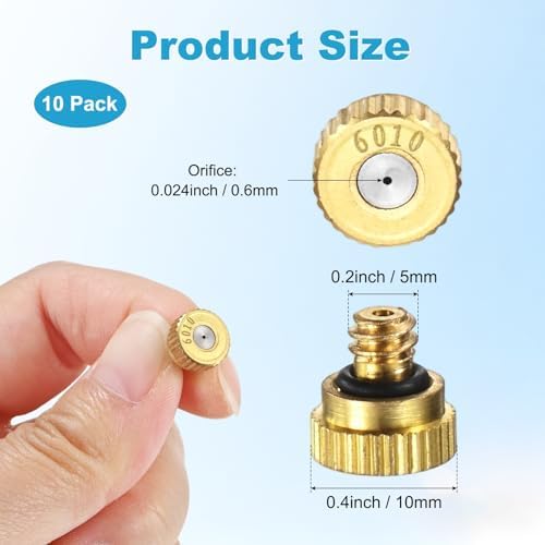 M METERXITY 10-Pack Brass Misting Nozzles, 0.024inch/0.6mm Orifice Heavy Duty 10/24 UNC Screw Thread Misting Nozzle Plug for Outdoor Spray Cooling System/Patio Mist System/Dust Control - Image 3