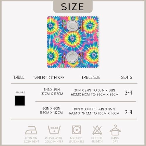 Tie Dye Tablecloth 54x54 Inch Square Hippie Colorful Swirls Rainbow Tablecloths Polyester Table Cloth for Holiday Parties Kitchen Dining Indoor Outdoor - Image 6