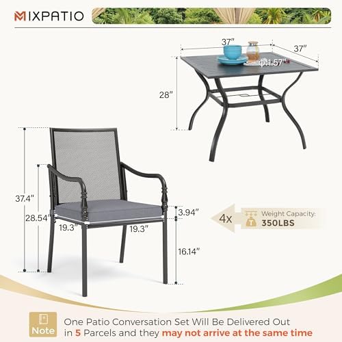 MIXPATIO 5pc Patio Dining Set, 37" Square Metal Table, 4 Chairs, Black - Image 6