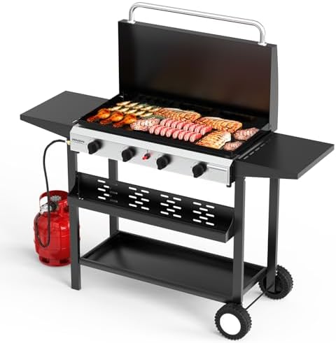 ROVSUN 4 Burner Portable Propane Griddle with Enameled Tray & Lid, 40000 BTU Rolling Flat Top Gas Grill with Electronic Ignition, Side Shelves & Regulator for Outdoor Cooking Camping BBQ Tailgating by ROVSUN