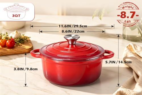 Leonyo 3-Quart Small Enameled Cast Iron Dutch Oven Pot with Lid, Red - Image 2
