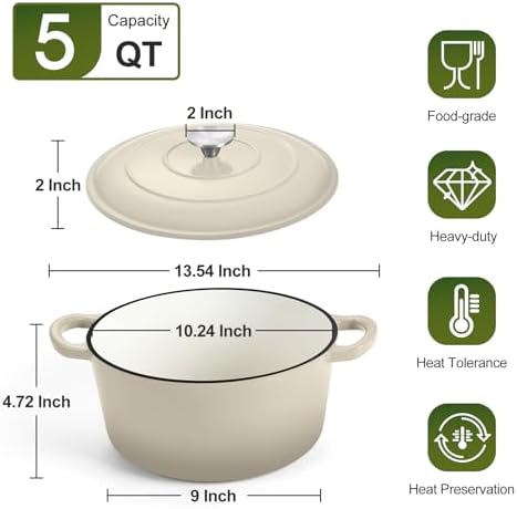P&P CHEF 5QT Enameled Dutch Oven, Dutch Oven Pot for Bread Baking, Khaki - Image 2