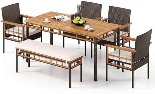 Tangkula 6 Pieces Patio Dining Table Set, Outdoor Rectangular Acacia Wood Table with 1.97” Umbrella Hole & Cushioned Backless Bench & 4 Armchairs, for Garden, Deck, Yard by TANGKULA