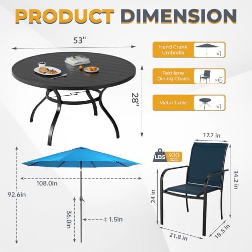 Incbruce 8 PCS Patio Dining Set with Sky Blue Umbrella, Outdoor Dining Set of 6 Textilene Chairs and 53" Round Table with Umbrella Hole for Backyard, Garden, and Poolside (Blue) - Image 3