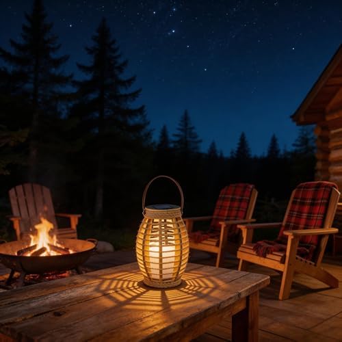 Solar Powered Rattan Lantern with Handle, 8.3 Inch, Warm White LED - Image 6