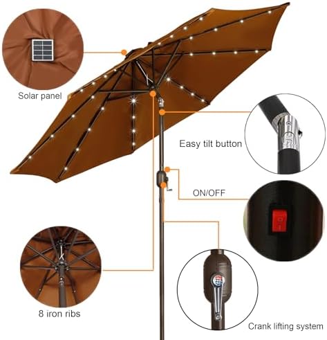 Blissun 9 ft Solar Umbrella 32 LED Lighted Patio Umbrella Table Market Umbrella with Tilt and Crank Outdoor Umbrella for Garden, Deck, Backyard, Pool and Beach, Brown - Image 2