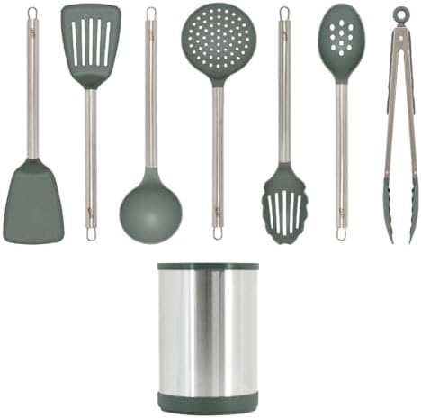 Glad Kitchen Utensils Set, 8pcs - Nonstick Cooking Tools with Stainless Steel Handles & Rotating Utensil Holder - Turners, Ladle, Spoon, Tongs, Spaghetti Server, and Skimmer - Dishwasher Safe, Green - Image 3