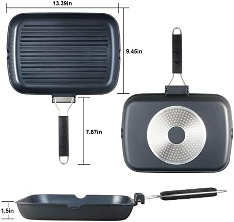 S·KITCHN Grill Pan with Folding Handle, Nonstick Grilling Pan for Stove Tops, Induction Compatible Rectangle KBBQ Pan with Pour Spouts - 13 × 9IN - Image 5