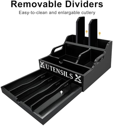 Kitchen Utensil Holder, Lagre Wooden Cooking Utensil Holder, Farmhouse Spatula Organizer, Countertop Utensil Crock for Forks Spoons Knives Kitchen Cooking Tools Storage with 11 Compartments(Black) - Image 4
