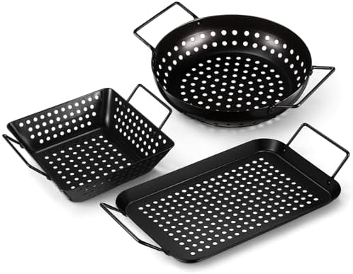 3 Pack Grill Topper Pans for Outdoor Grill, Stainless Steel Vegetables BBQ Grilling Basket with Holes Handles, Nonstick Barbecue Pan Grilling Gifts for Camping Picnic Cooking Seafood Meat by Unknown