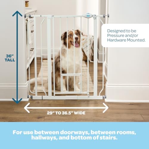 Carlson 36" Extra Tall Walk Through Dog Gate for Doorways & Bottom of Stairs, Metal Pet Gate with Small Pet Door, Expands 29”–36.5”, White - Image 2