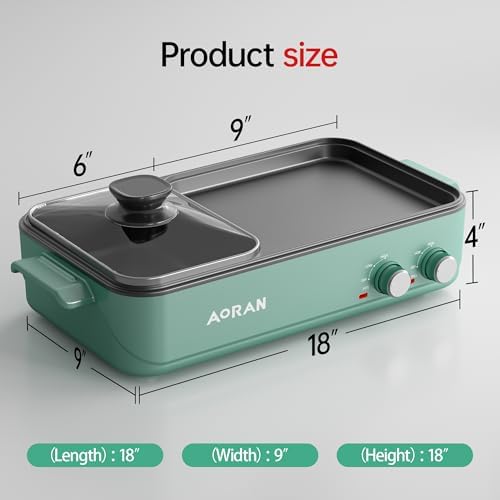 AORAN Electric Hot Pot with Grill, 2-in-1 Indoor Non-Stick Pot for Korean BBQ, Shabu Shabu & Noodles, Dual Temperature Control, Quick Heating with Bonus Accessories Green - Image 6