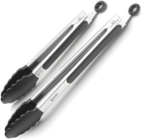 Kitchen Tongs for Cooking with Silicone Tips by Boxiki Kitchen, BPA Free Stainless Steel set of 2 Silicone Tongs for Cooking, Grilling & Toss a Salad, Heat Resistant Grill Tongs for Serving BBQ Food. by Boxikikitchen