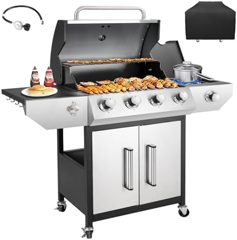 Kendane 4-Burner Propane Gas BBQ Grill with Side Burner, Barbecue Gas Grill with Enameled Cast Iron Grates for Outdoor Patio Garden Barbecue, 53,000 BTU, Stainless Steel Grill Cover included by Kendane