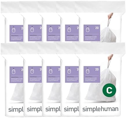 simplehuman Code C 200 Count Custom Fit Liners, Drawstring Kitchen Trash Bags, One-by-One Mess-Free Dispense, Extra Thick & Double Seamed, 50% PCR Plastic, 10-12 Liter / 2.6-3.2 Gallon, White by Unknown