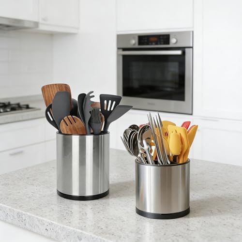 Nigelia Set of 2, Extra Large Kitchen Utensil Holder, 360° Rotating Stainless Steel Cooking Utensil Holder for Countertop, 3 Compartment Flatware Organizer (Silvery) - Image 6