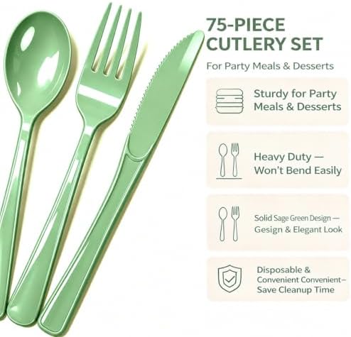 75 Pack Sage Green Heavy Duty Plastic Silverware Set, Disposable Cutlery Knives, Forks & Spoons, 25 Sets for Baby Shower, Birthday, Camping, Picnic, Wedding & Party Tableware - Image 4