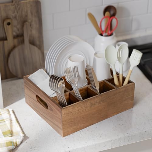 VaeFae Acacia Silverware Caddy, Utensil Holder with Handle - Image 6