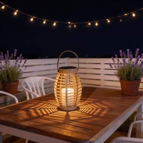 Solar Powered Rattan Lantern with Handle, 8.3 Inch, Warm White LED by LEOKED