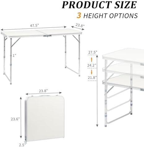 Aluminum Folding Camping Table,3 Adjustable Heights Lightweight (White, 4FT - Image 5