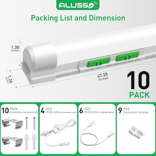 ALUSSO 4FT LED Shop Lights with 5CCT Selectable–2100LM T8 Integrated Fixture, 10 Pack, 2700K-6500K Adjustable Color Temperature, Corded Electric with On/Off Switch for Garage/Workshop - Image 6