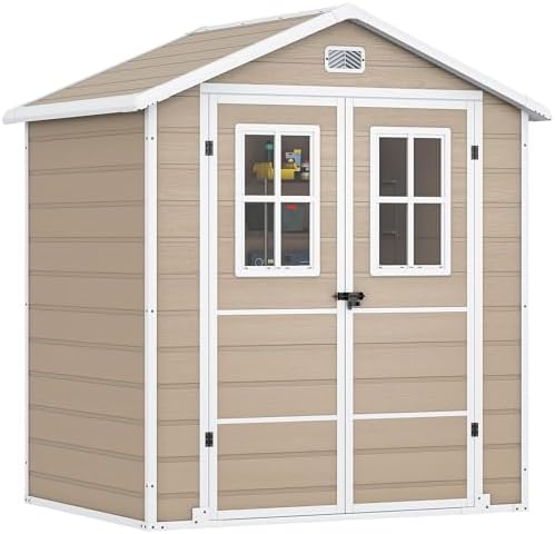 DWVO 6x4.4 FT Outdoor Storage Shed, Plastic Garden Tool Shed with 2 Windows, Double-Wall Outside Shed for Lawn Mower, Garden Tool for Backyard, Patio, Lockable, Beige by DWVO