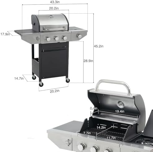 Endark 3-burner propane grill, 37,000 BTU with side-fire function. Stainless steel, enameled cast iron grate, thermometer, wheels. Perfect for patio and garden cooking - Image 2