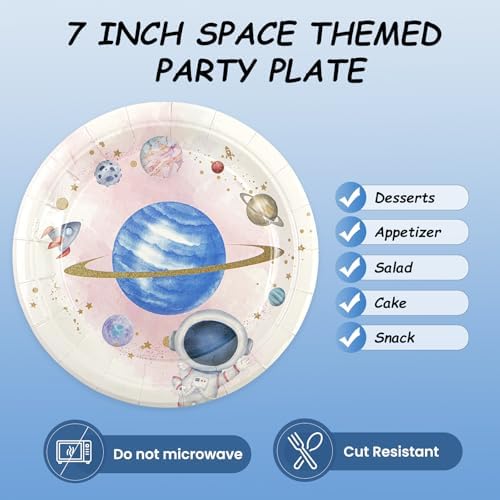 75PCS Space Birthday Party Supplies Decorations, Outer Space Theme Paper Plates and Napkins First Trip Around The Sun Disposable Parties Dessert Plates Dinnerware for Birthday Baby Shower Party Favor - Image 3
