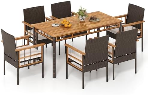 Tangkula 7 Pieces Wicker Patio Dining Set, Outdoor Acacia Wood Rectangular Table with 1.97” Umbrella Hole and Cushioned Chairs, Outside Conversation Furniture Set for Deck, Garden and Backyard by TANGKULA