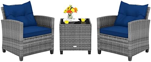 Tangkula 3 Pieces Patio Furniture Set, Outdoor PE Rattan Conversation Chair Set with Tempered Glass Side Table and Removable Cushions, PE Wicker Chairs and Table Set for Porch, Balcony and Garden by TANGKULA