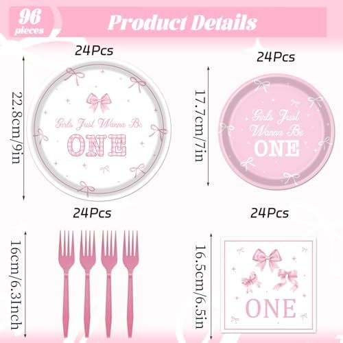 Girls Just Wanna Be One Birthday Decorations, 96PCS Pink Bow First Birthday Disposable Paper Plates and Napkins Party Decorations, Cute One Year Old Girl Forks Tableware Set for 24 Guests - Image 2