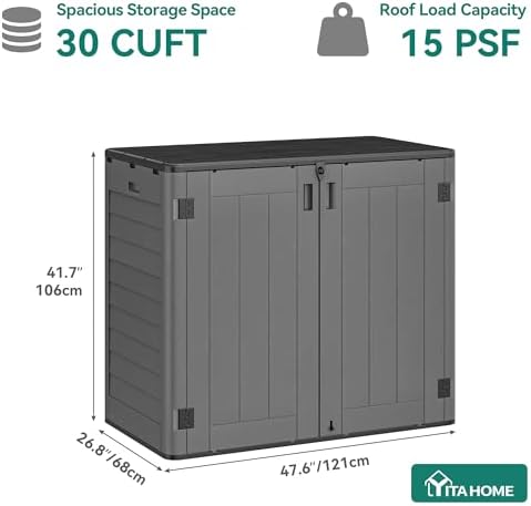 YITAHOME 30 Cu Ft Outdoor Storage Shed, Waterproof Storage Cabinet for Bike & Garden Shed, Horizontal Outdoor Storage Shed for Garage, Pool Storage, Dark Gray & Black - Image 6