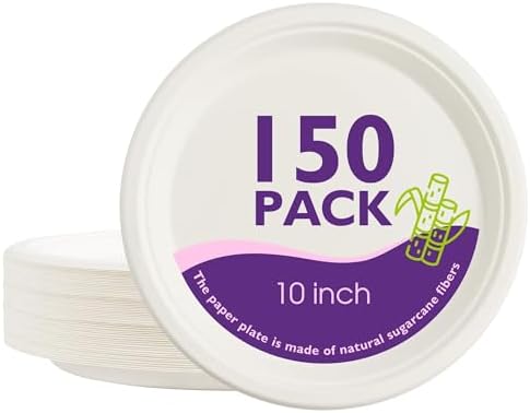 Compostable Paper Plates 10 Inch 150 Pack, Biodegradable Disposable Plates Heavy Duty White Plates, Made of Natural Sugarcane Bagasse, Unbleached Round Dinner Plates by PACKINNO