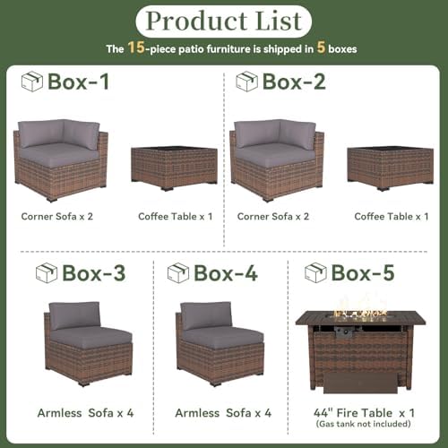 Aoxun 15 Piece Patio Furniture Set with 44" Fire Pit Table Wicker Rattan - Image 5