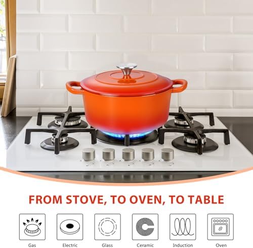 E-far 3 Qt Enameled Cast Iron Dutch Oven with Lid, Small Round Nonstick Dutch Oven Pot for Bread Baking Braising Stews Roasting Cooking, Heavy Duty, Induction & Oven Safe - Orange - Image 4