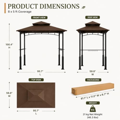 Garvee 8x5 Grill Gazebo, Outdoor BBQ Canopy Shelter with Double Tiered Roof Ventilation - Heavy Duty Patio Canopy Tent Steel Frame for Backyard Garden Lawn Grilling Party Picnic Cooking Events, Brown - Image 2