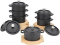 MegaChef Cast Iron 8 Ounce Mini Dutch Oven with Wood Tray, Cookware, Bakeware, Serveware (6 Piece) by Elama